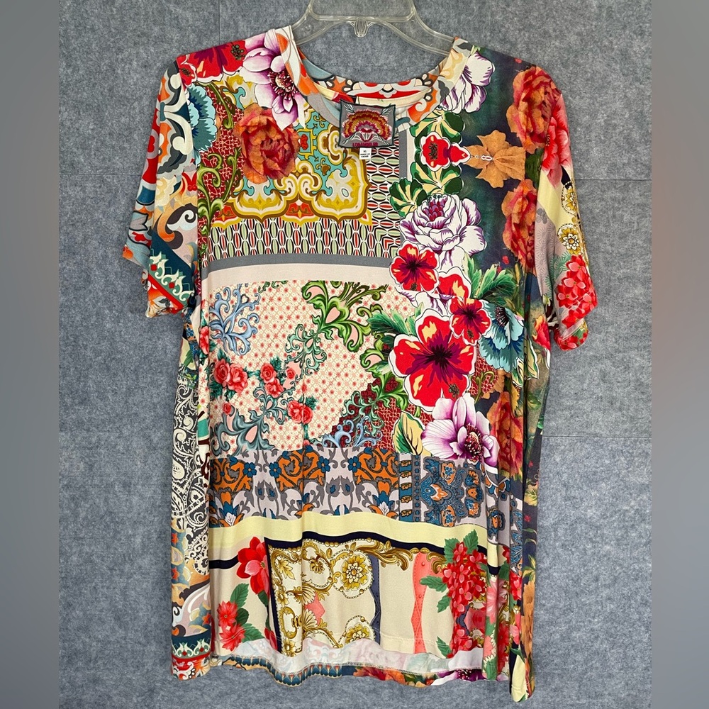 Johnny Was Multi-Color Floral Patchwork Short Sleeve Tee